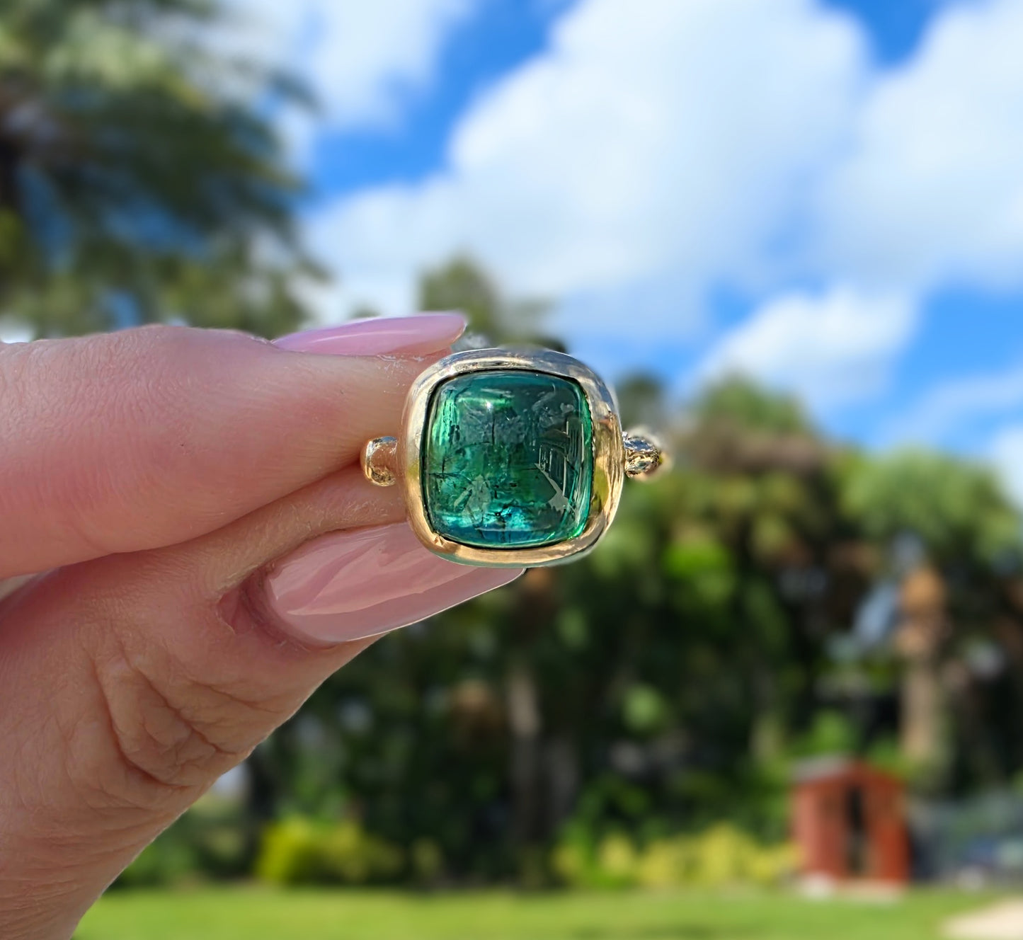 5ct Emerald Green Sugarloaf Tourmaline ring in 14K