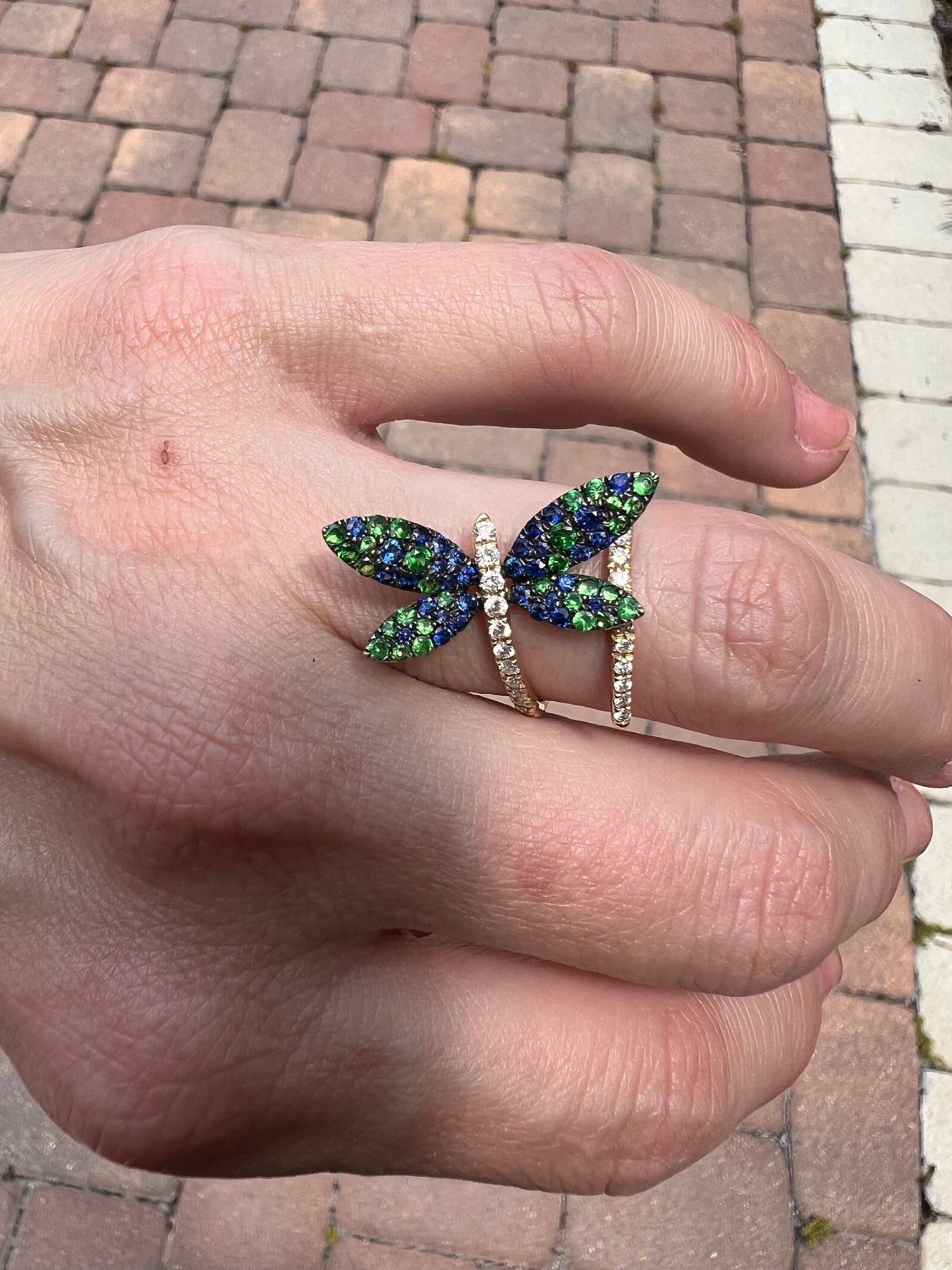 Dragon Fly Tsavorite, sapphire and diamond statement ring