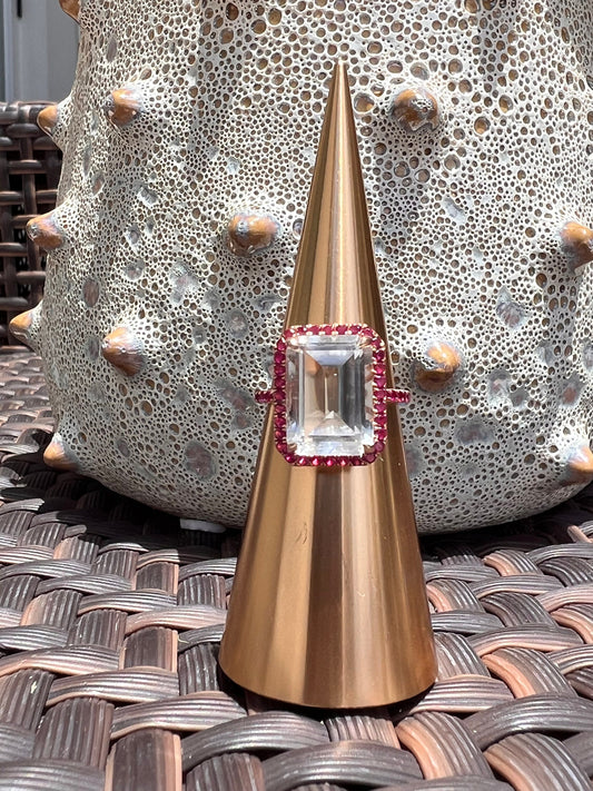 Emerald cut White Quartz with a ruby Ruby halo set in 14k rose gold by EFFY