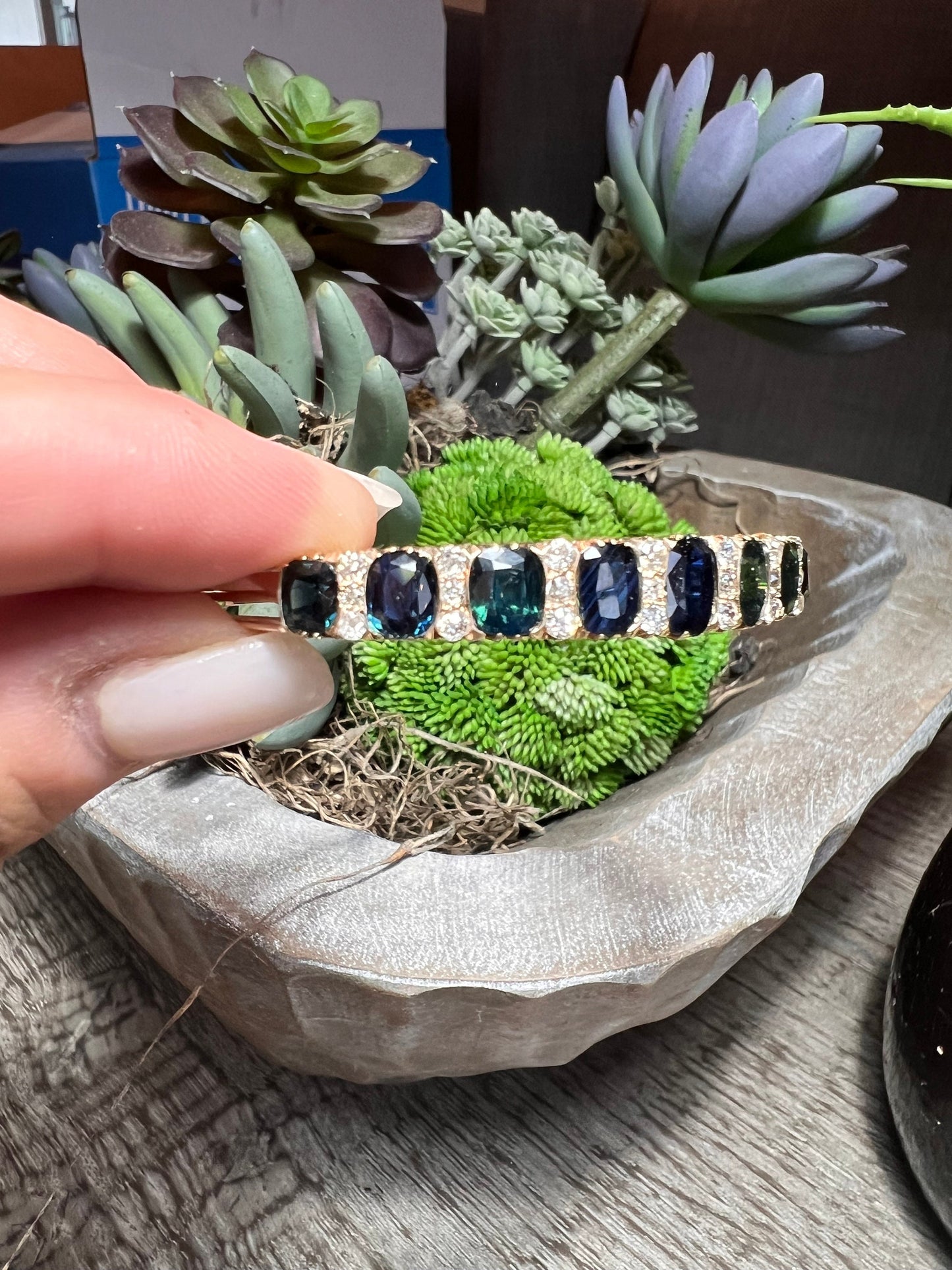 A superb quality Antique /Victorian Style Blue Sapphire and Diamond Bangle Bracelet . Old cut diamonds