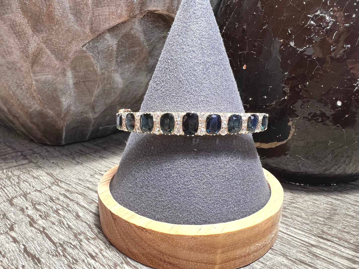 A superb quality Antique /Victorian Style Blue Sapphire and Diamond Bangle Bracelet . Old cut diamonds