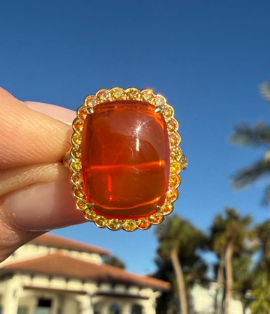 Stunning Fire Opal with Yellow Diamond Halo in 18K gold
