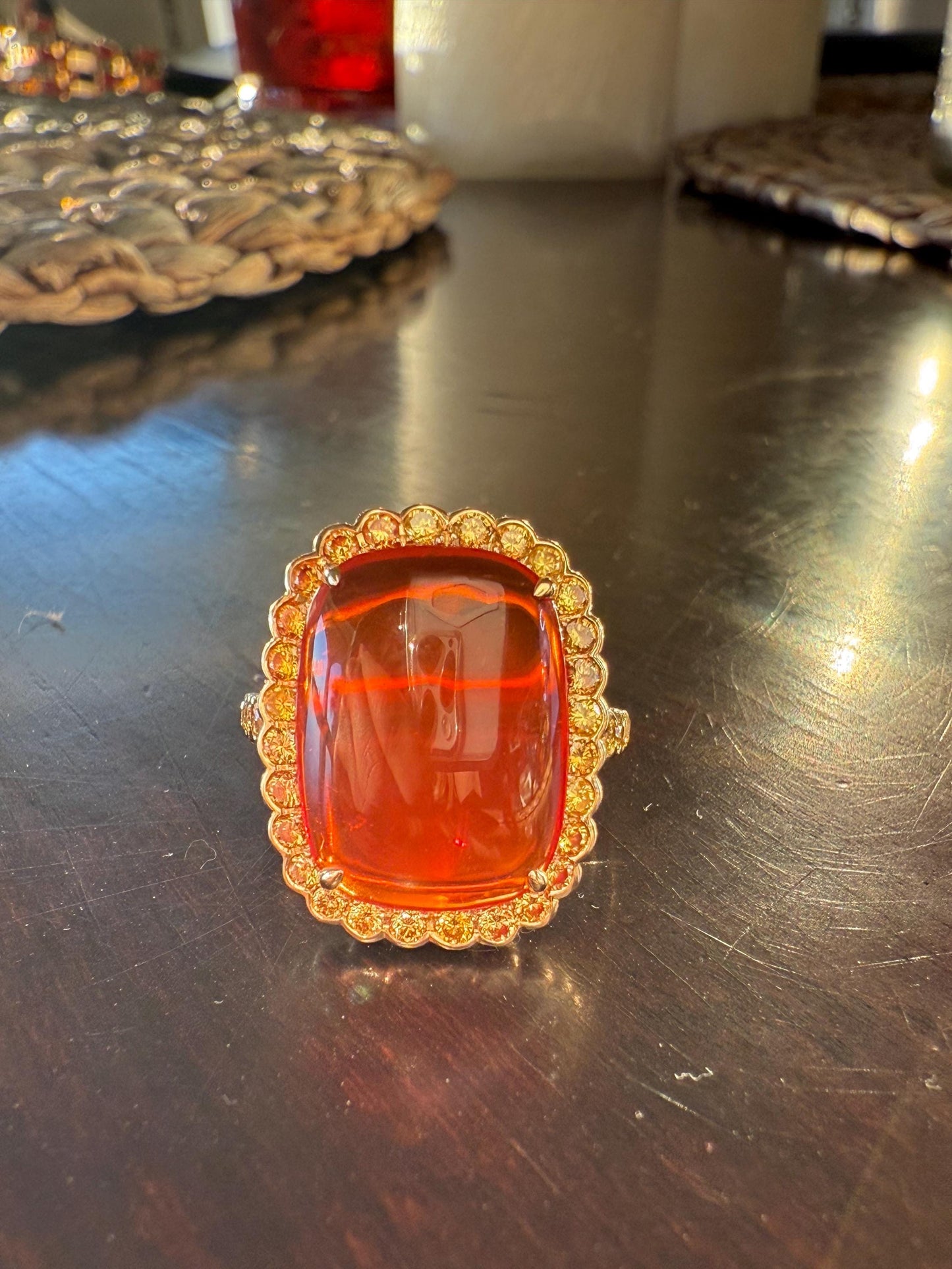 Stunning Fire Opal with Yellow Diamond Halo in 18K gold