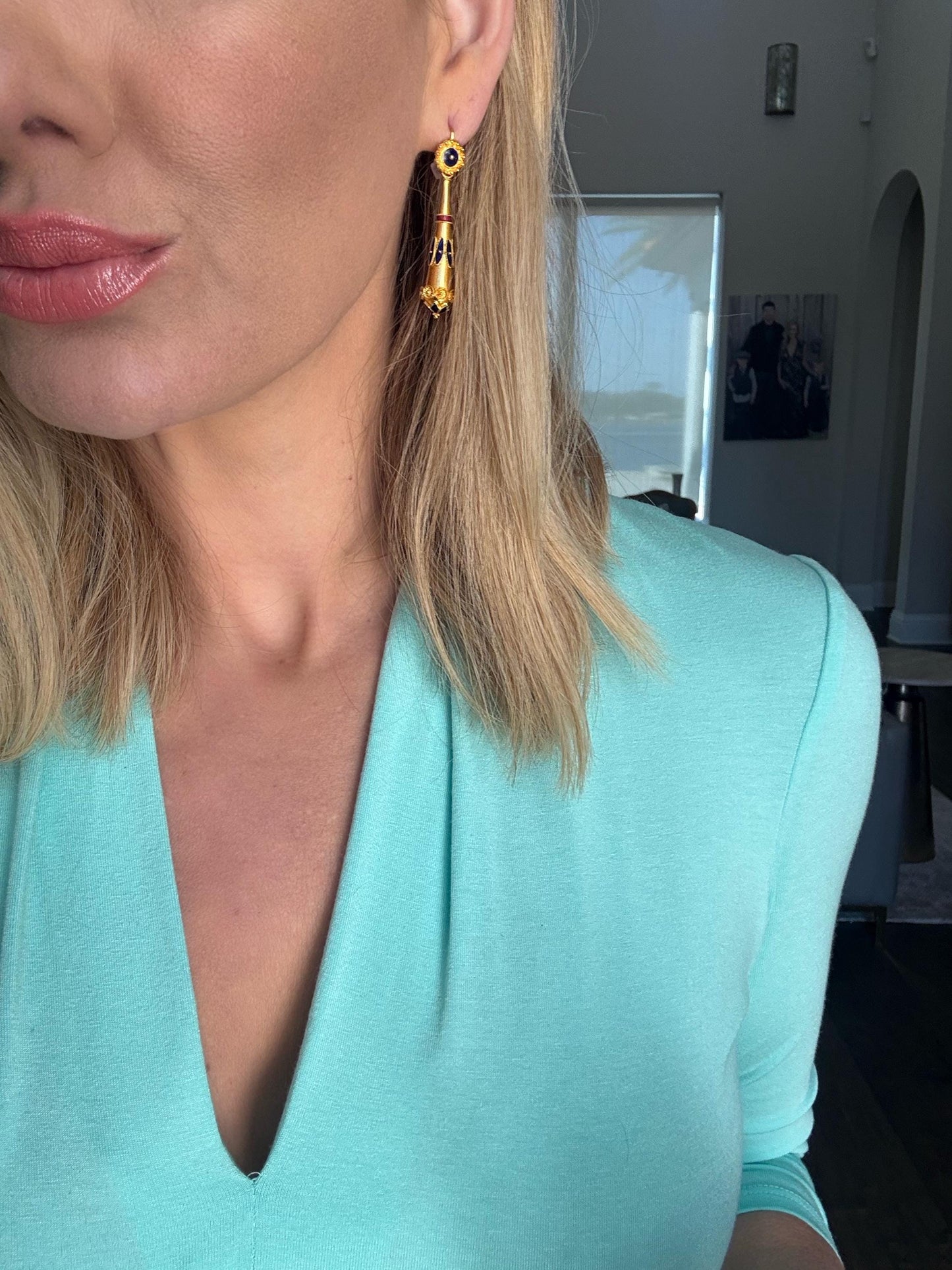 Antique French 18K Gold and Enamel Drop Earrings