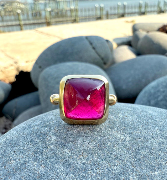 6 ct Rubellite Tourmaline Sugarloaf Ring handmade in 14K