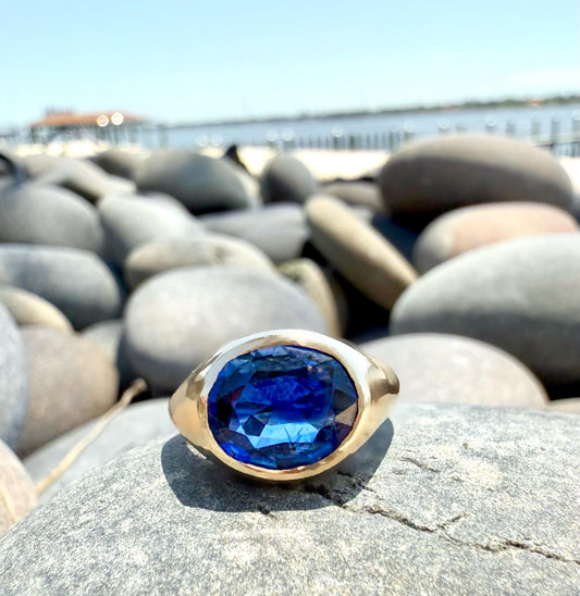 Handmade 4.17 Kyanite Gypsy Ring set in 14K yellow gold.