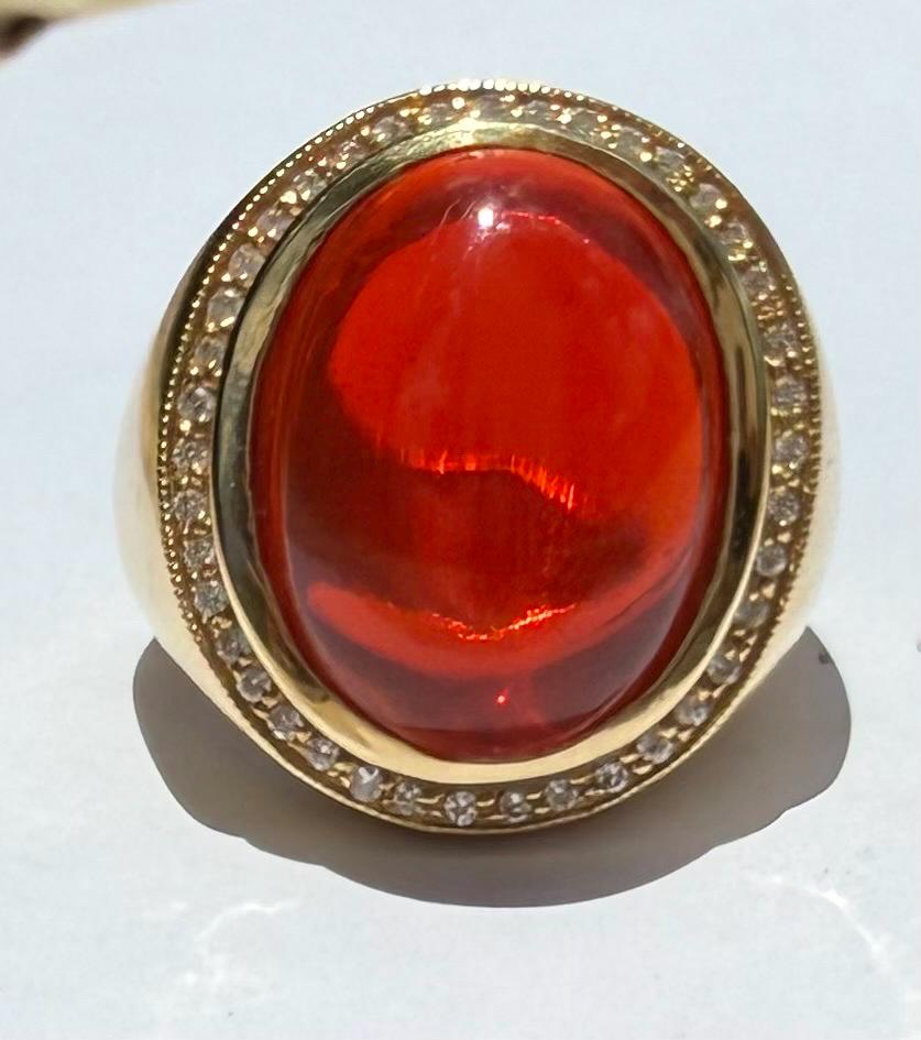 Estate Mexican Fire Opal & Diamond Cabochon Ring 18K