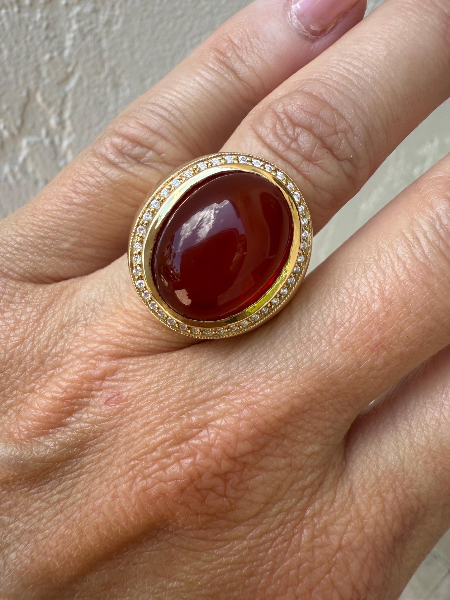 Estate Mexican Fire Opal & Diamond Cabochon Ring 18K