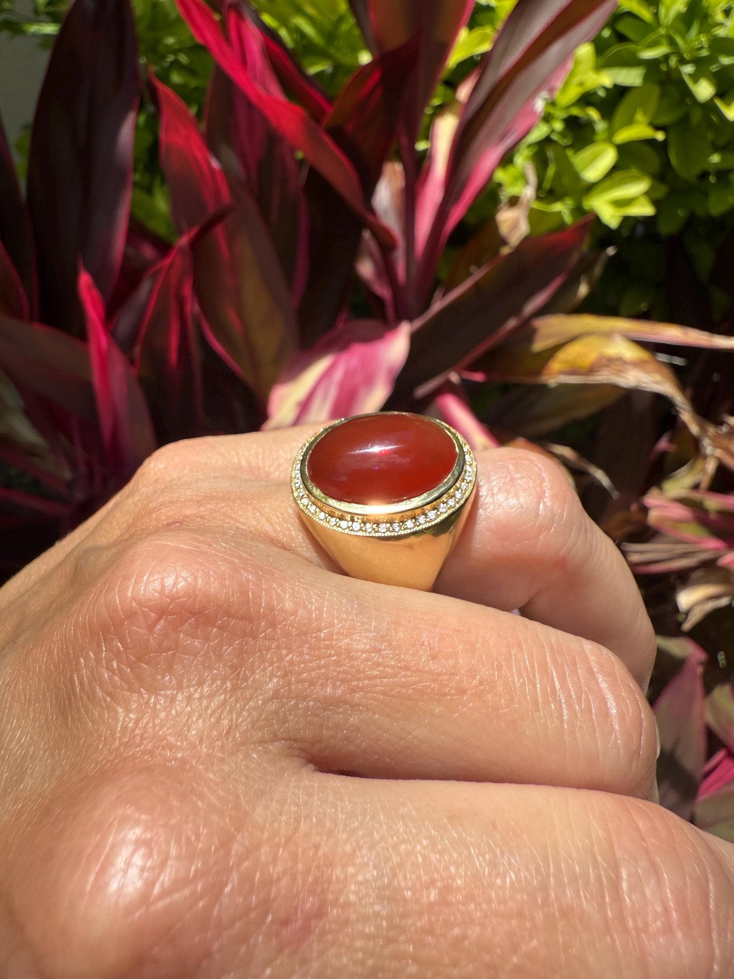 Estate Mexican Fire Opal & Diamond Cabochon Ring 18K