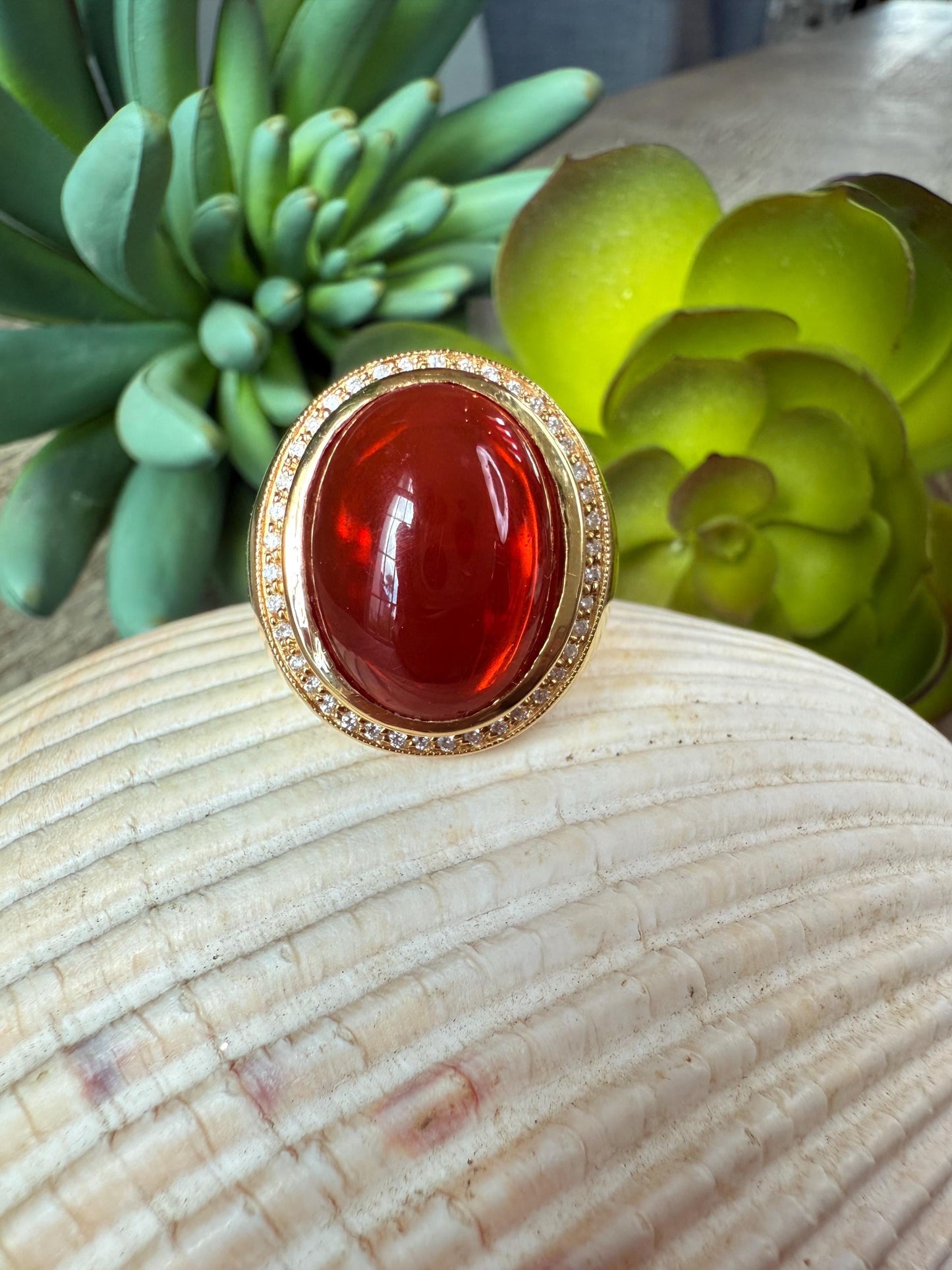 Estate Mexican Fire Opal & Diamond Cabochon Ring 18K