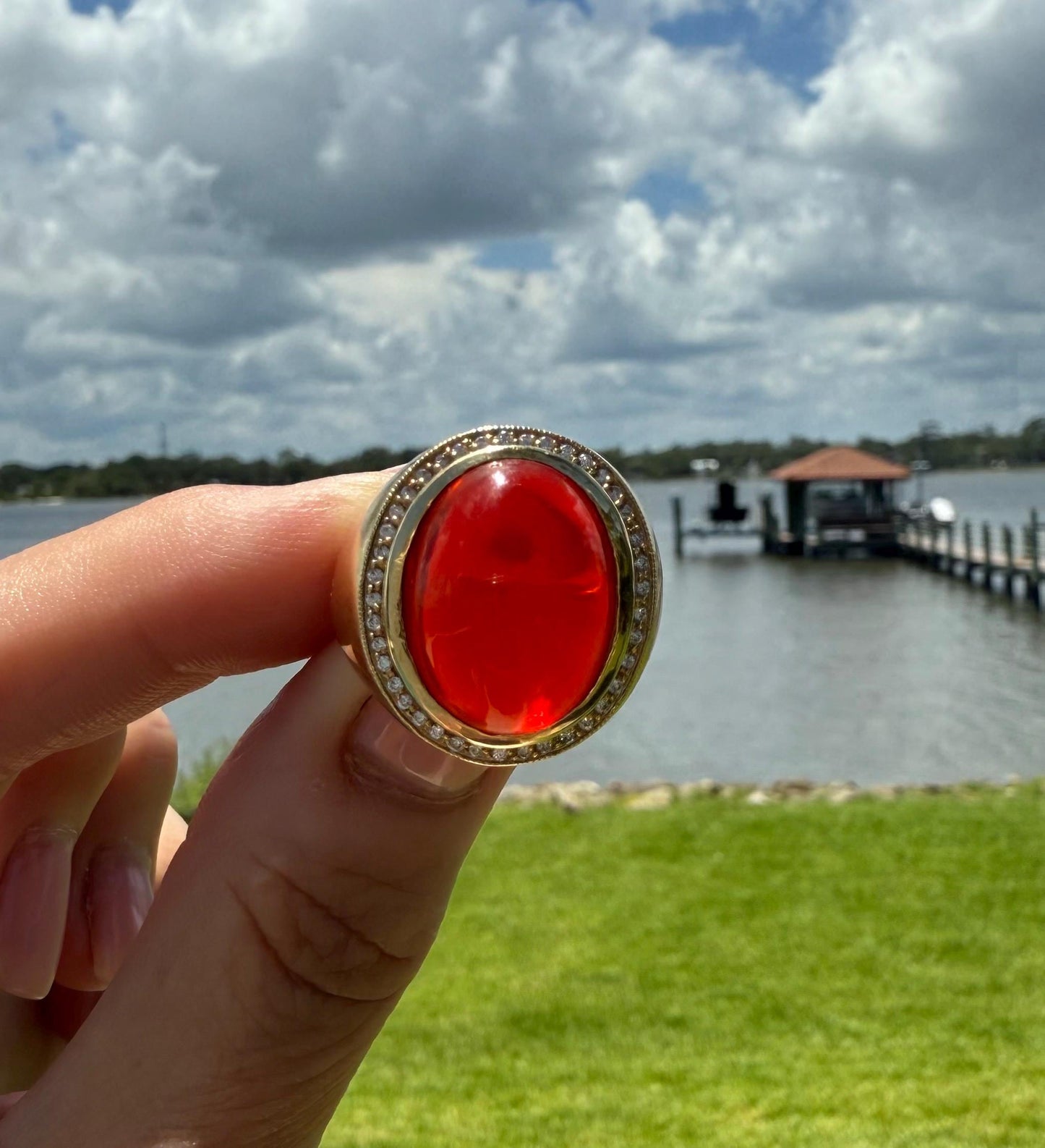 Estate Mexican Fire Opal & Diamond Cabochon Ring 18K