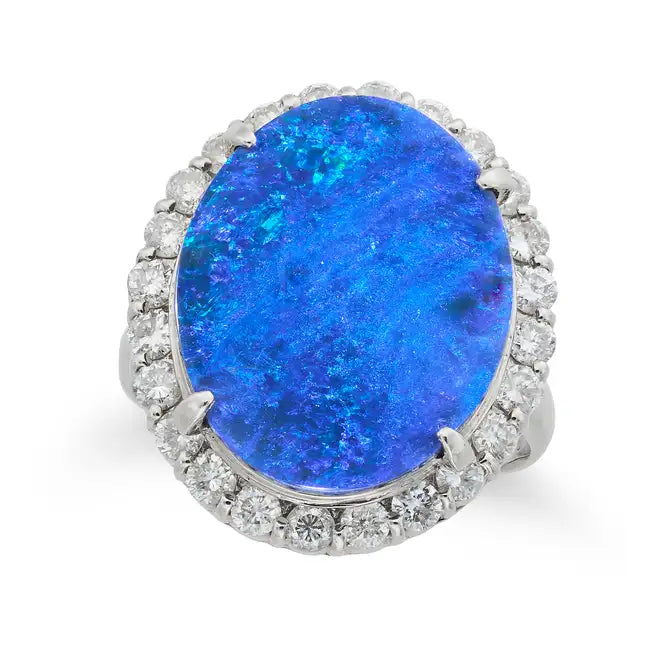 8ct Australian Opal RIng with Diamond Halo set in Platinum